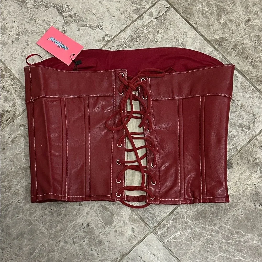 Edikted Moss Faux Leather Lace Up Corset Burgundry NEW Medium